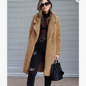 Fuzzy faux fur camel color coat, knee length
